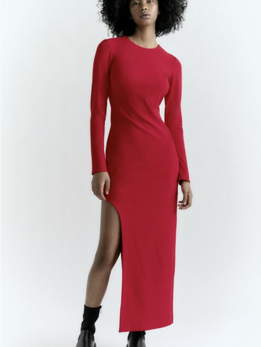 Zara Red Long-Sleeve Side-Slit Maxi Dress